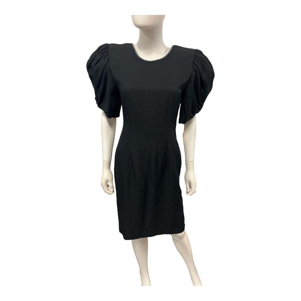 VTG Late Editions Womens Black Big Puffy Short Sleeve Dress Size 6 Rhinestones - Picture 3 of 4